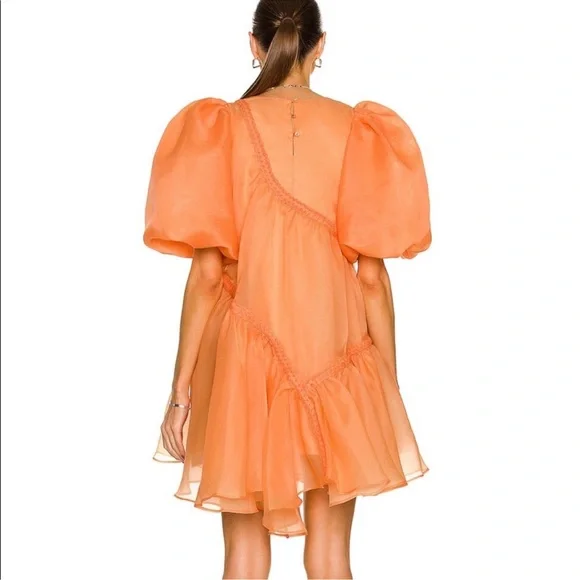 Aje Riviera Asymmetric Braided Puff Sleeve Dress Mandarin Orange 4 NWOT